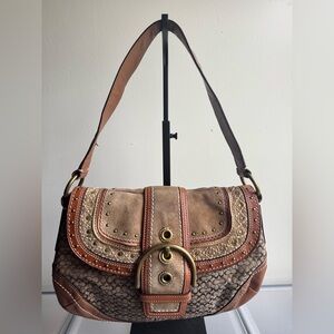 Vintage Y2K Coach Boho Soho Shoulder Bag Brown Signature Canvas Suede Studded